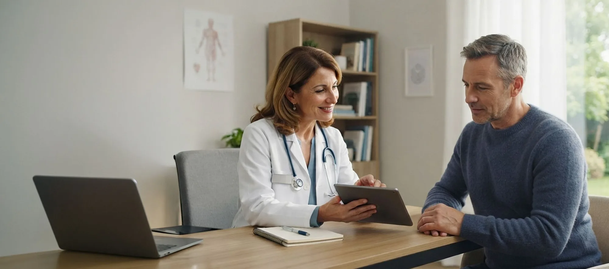 A doctor and a patient talking across a desk